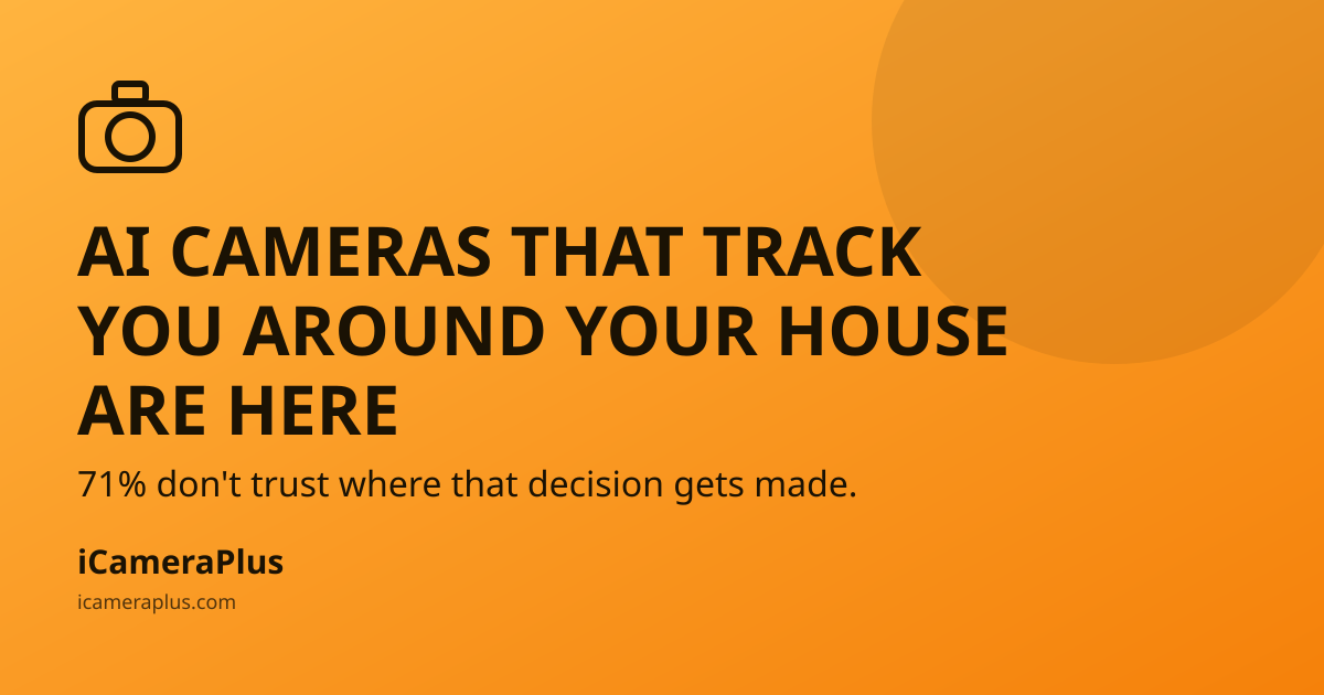 Orange gradient card with a drawn camera icon and headline "AI Cameras That Track You Around Your House Are Here" above the line "71% don't trust where that decision gets made," with the iCameraPlus logo and icameraplus.com at the bottom.