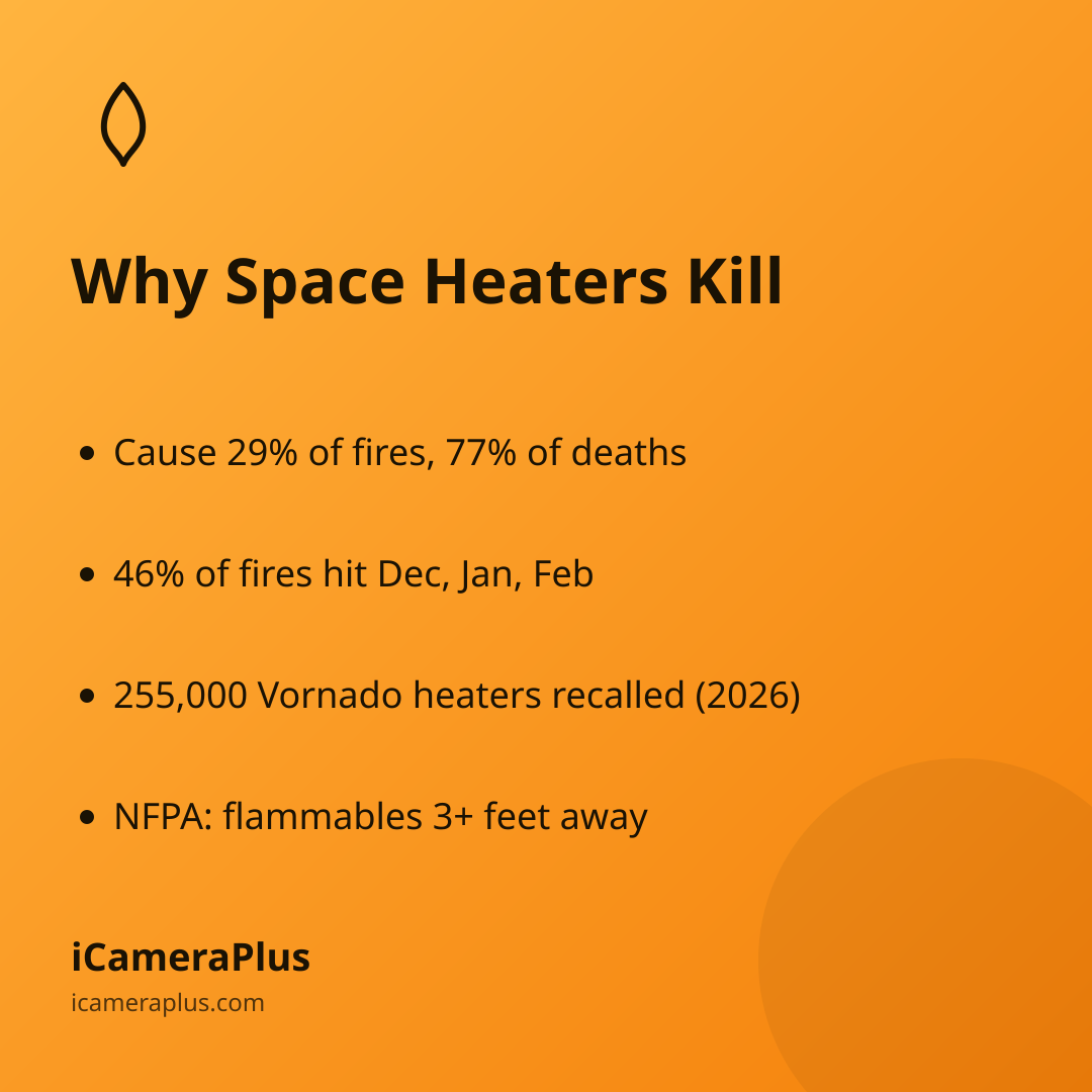 Four-fact card titled "Why Space Heaters Kill" listing space heater fire statistics and NFPA safety advice, with a flame icon and iCameraPlus brand mark on an orange gradient.