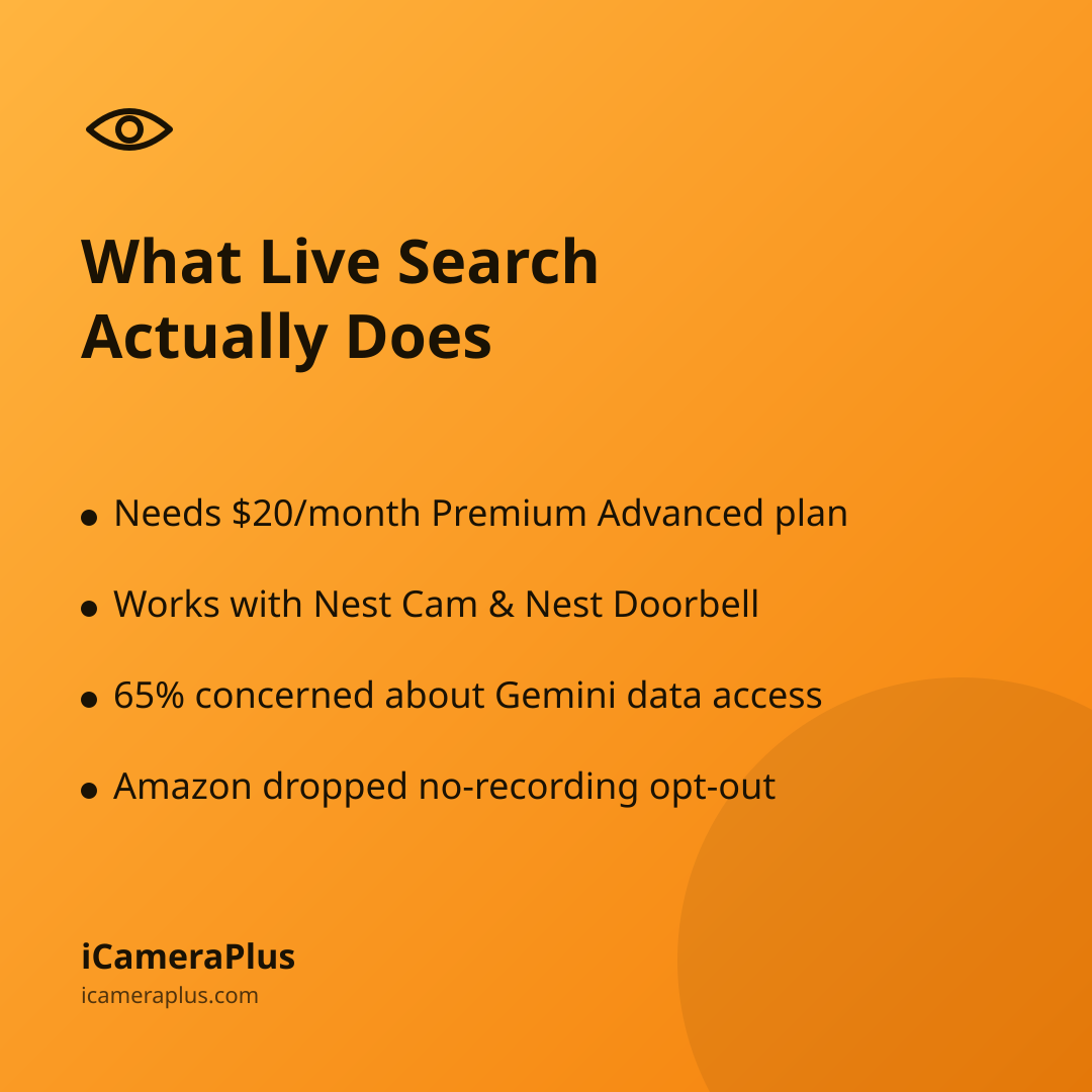 Orange gradient card with heading "What Live Search Actually Does" and four bulleted takeaways about Gemini's camera AI feature