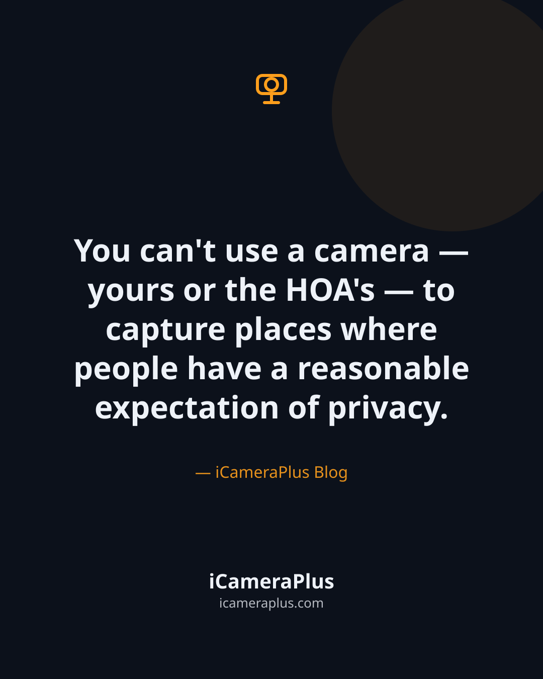 Dark navy quote card with a camera icon and the centered quote "You can't use a camera — yours or the HOA's — to capture places where people have a reasonable expectation of privacy," attributed to iCameraPlus Blog