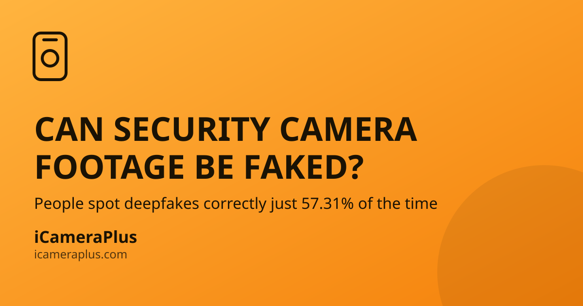 Orange gradient card asking "Can security camera footage be faked?" with a stat about deepfake detection and the iCameraPlus logo