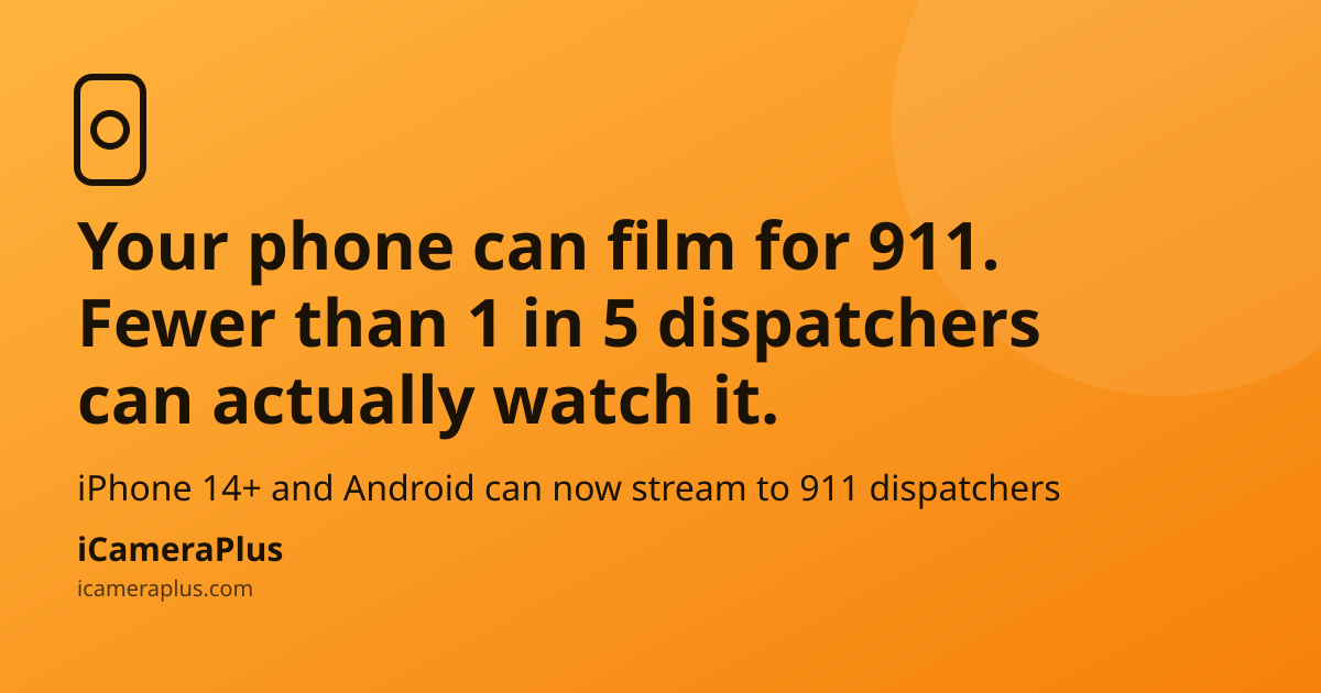 iCameraPlus social card: headline "Your phone can film for 911. Fewer than 1 in 5 dispatchers can actually watch it." with phone-camera icon on an orange gradient background