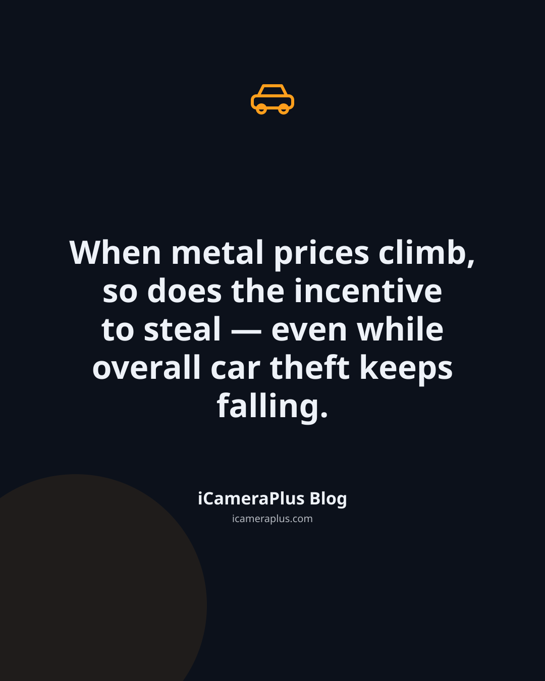 Dark navy quote card reading "When metal prices climb, so does the incentive to steal — even while overall car theft keeps falling." with a small car icon and iCameraPlus Blog attribution.