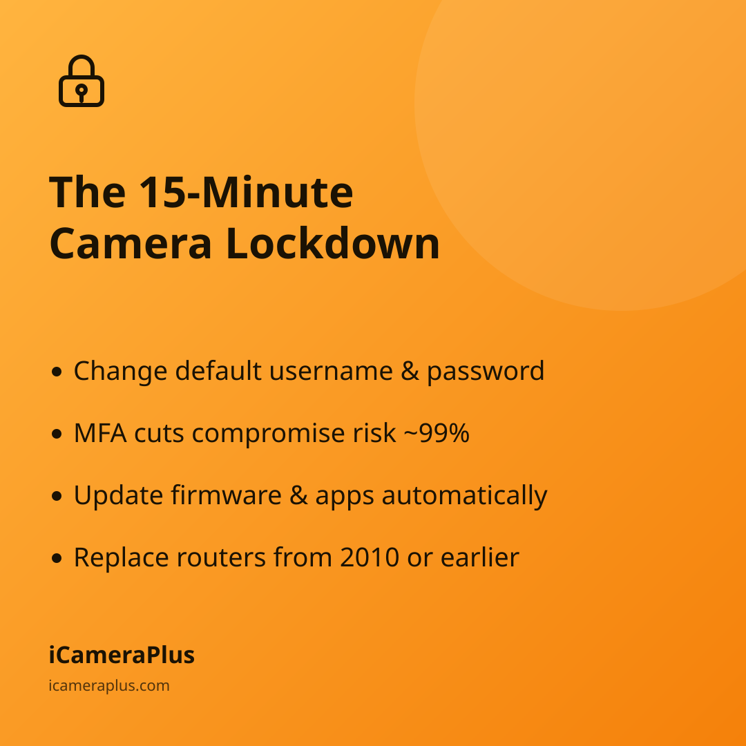 Orange gradient card headed "The 15-Minute Camera Lockdown" listing four concrete security steps with hand-drawn bullet dots, over a lock icon, with iCameraPlus branding at the bottom.