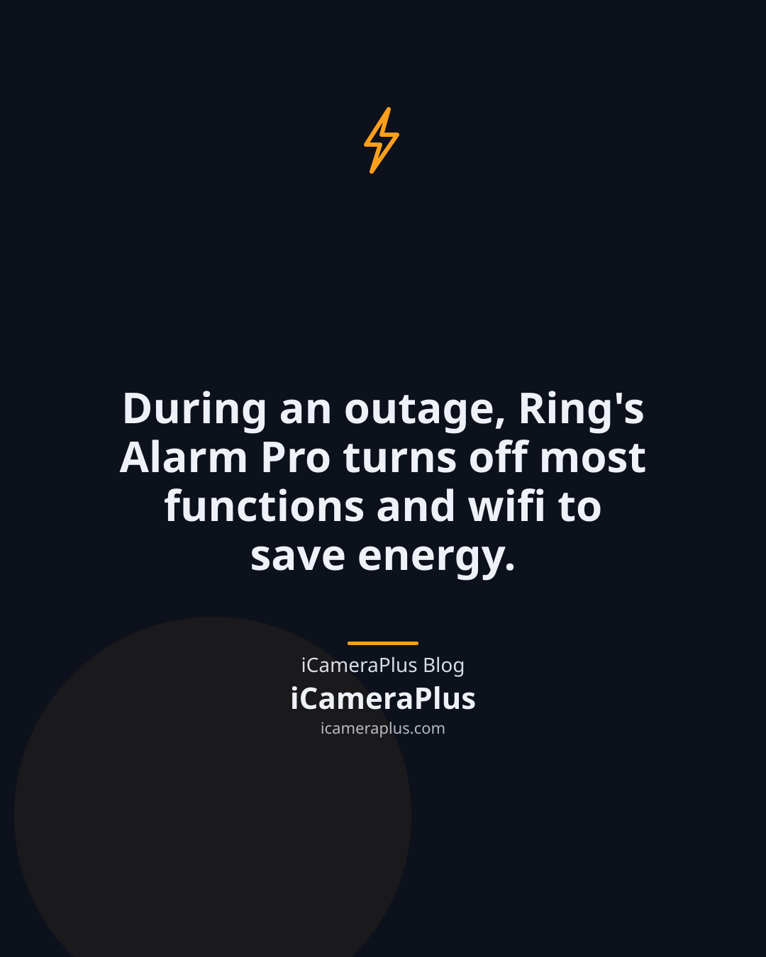 Dark navy quote card: "During an outage, Ring's Alarm Pro turns off most functions and wifi to save energy," attributed to iCameraPlus Blog