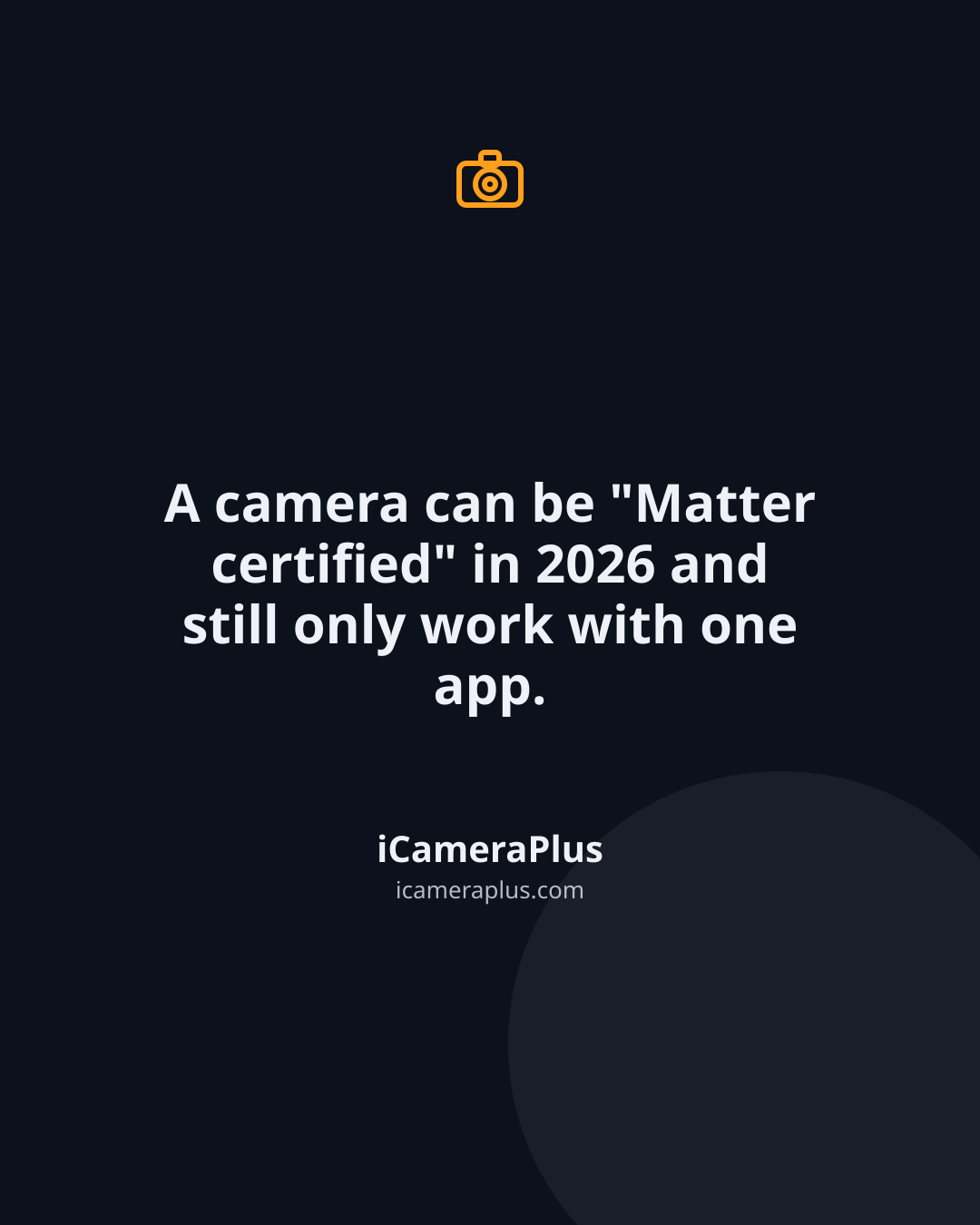Dark navy card with a camera icon and the centered quote "A camera can be 'Matter certified' in 2026 and still only work with one app," attributed to the iCameraPlus Blog.