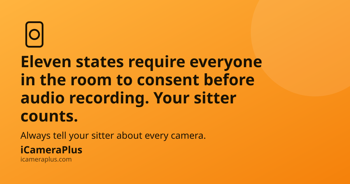 Orange gradient card with headline "Eleven states require everyone in the room to consent before audio recording. Your sitter counts." above a supporting line about telling sitters about every camera, with iCameraPlus branding and a small camera-phone icon