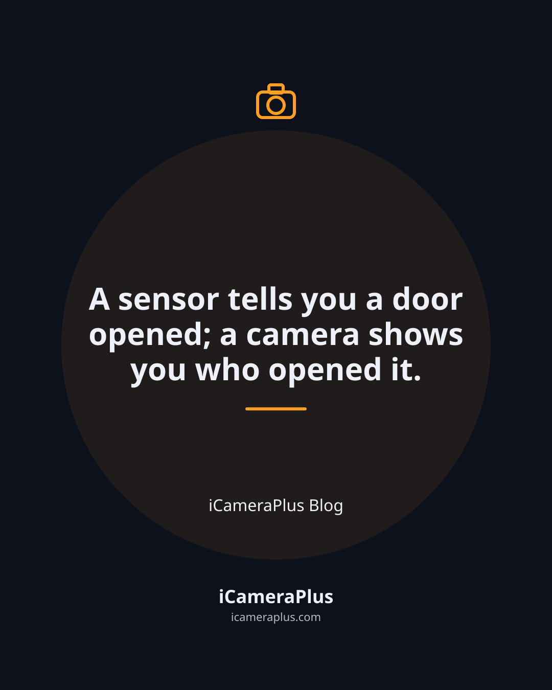 Dark navy quote card with a line-drawn camera icon above the centered quote "A sensor tells you a door opened; a camera shows you who opened it," attributed to iCameraPlus Blog
