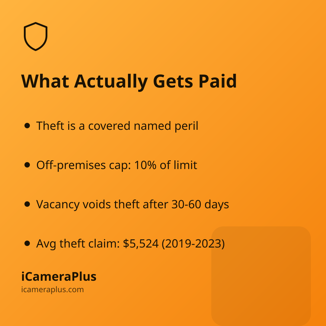 Orange gradient card headed "What Actually Gets Paid" listing four bulleted facts about theft coverage, off-premises caps, vacancy clauses, and average claim payout, with the iCameraPlus brand mark