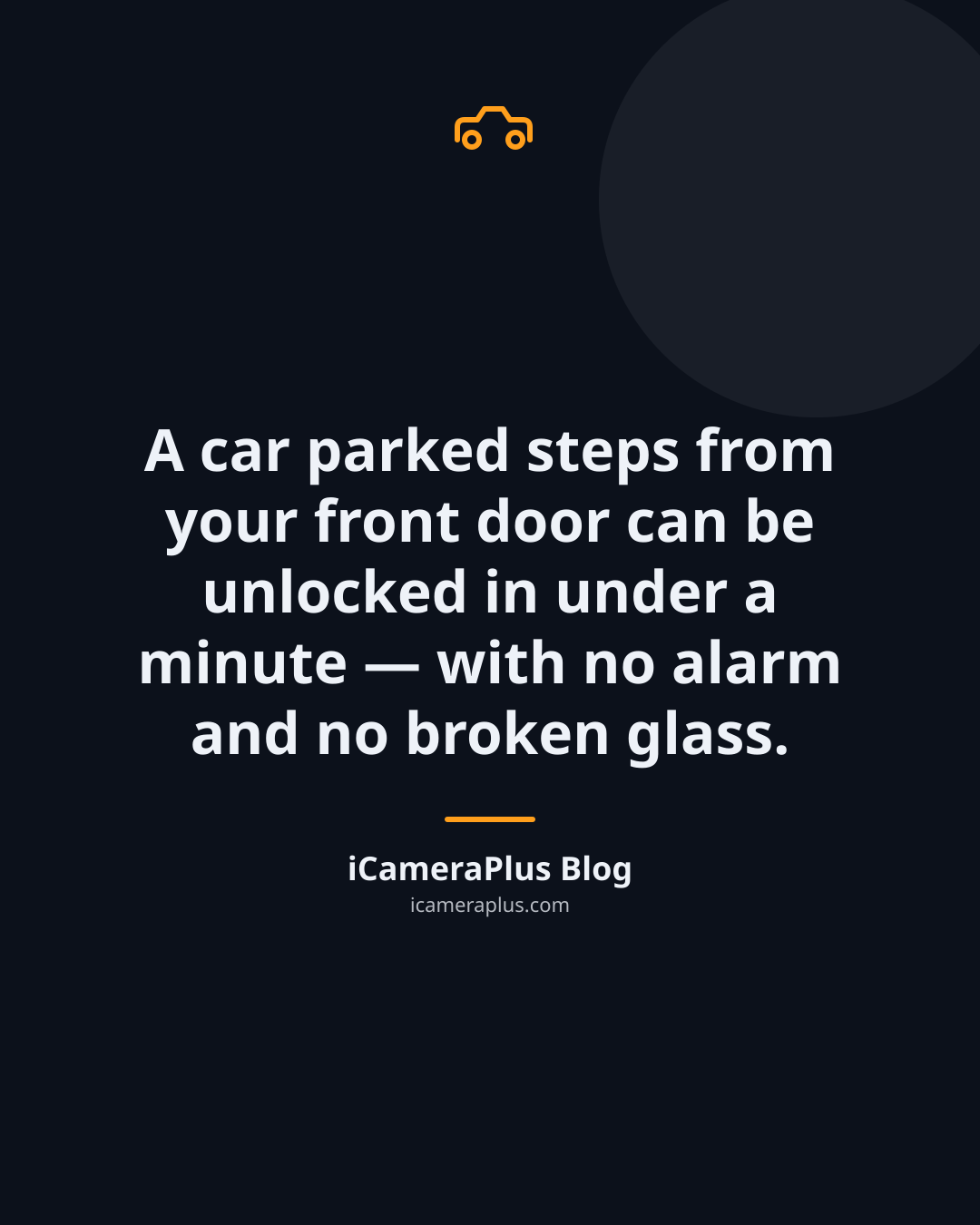 Dark navy quote card with a car icon and the sentence "A car parked steps from your front door can be unlocked in under a minute — with no alarm and no broken glass," attributed to iCameraPlus Blog
