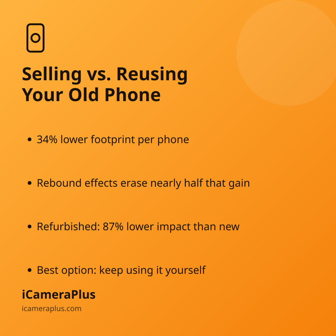 Orange gradient card titled "Selling vs. Reusing Your Old Phone" listing four bulleted takeaways about resale, rebound effects, refurbished phones, and reuse, with the iCameraPlus brand footer.
