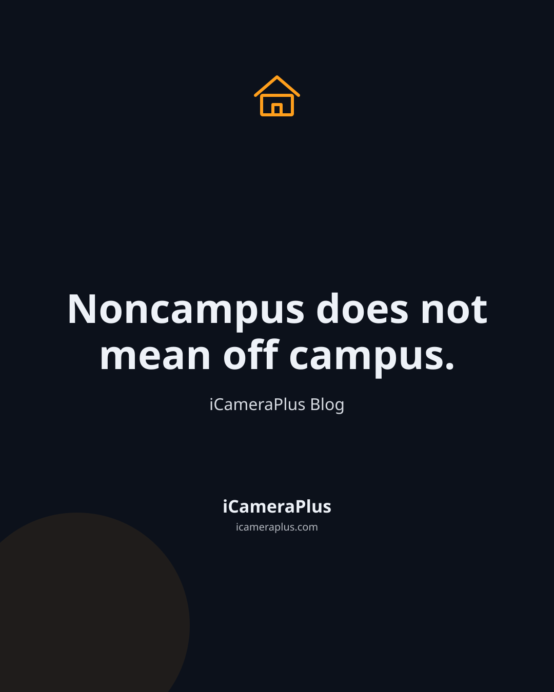 Dark navy quote card with a house icon, the line "Noncampus does not mean off campus." centered, attributed to iCameraPlus Blog, with the brand footer below.
