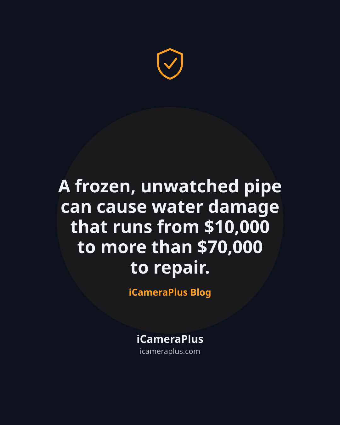 Dark navy quote card with a shield icon and centered text reading "A frozen, unwatched pipe can cause water damage that runs from $10,000 to more than $70,000 to repair." attributed to iCameraPlus Blog.