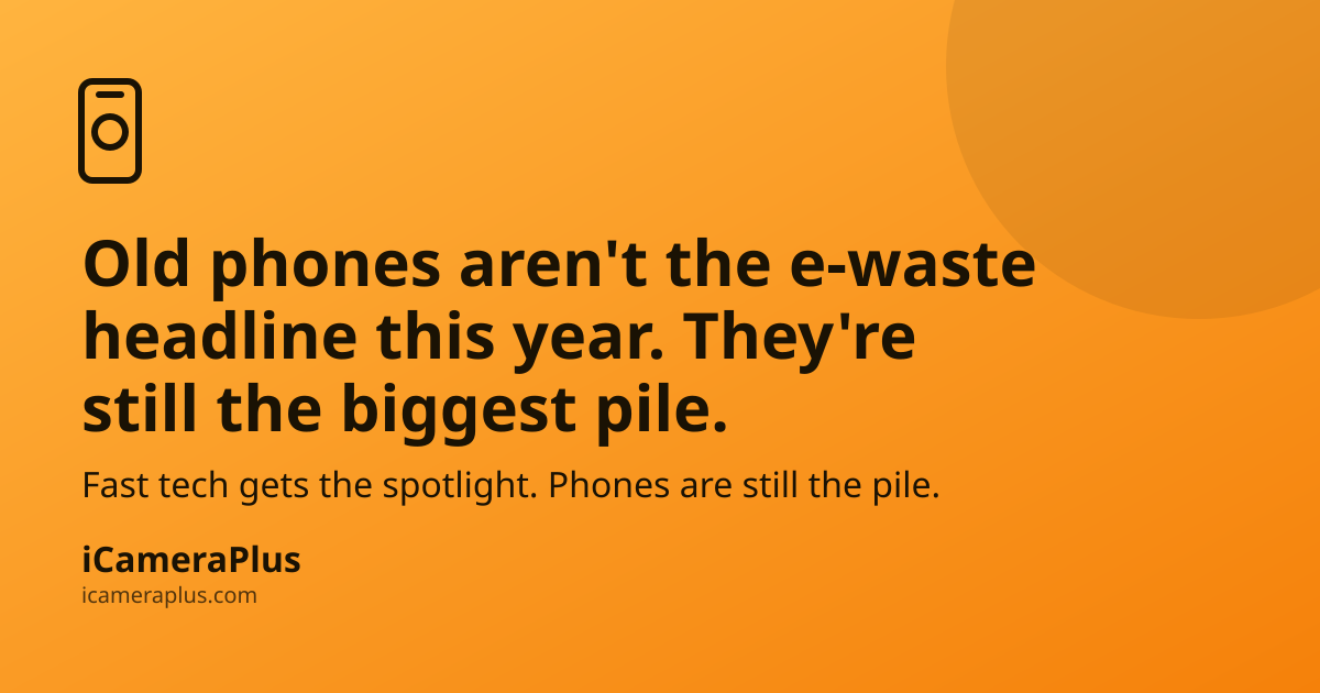 Orange gradient card with phone-camera icon, headline "Old phones aren't the e-waste headline this year. They're still the biggest pile." and iCameraPlus branding
