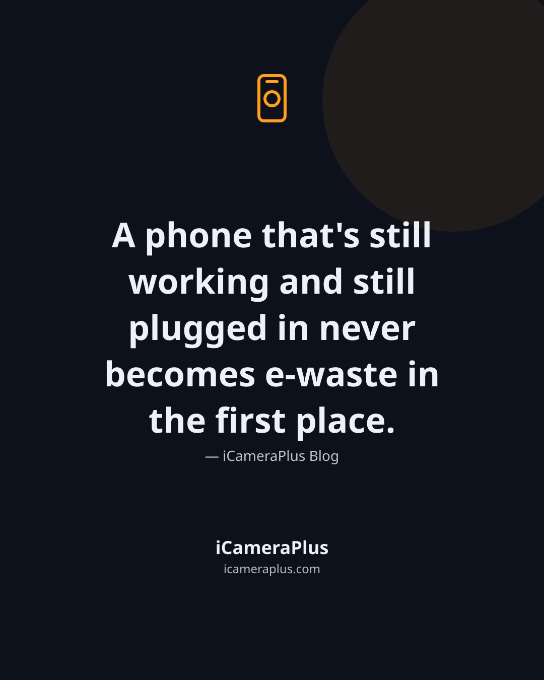Dark navy quote card with phone-camera icon and the line "A phone that's still working and still plugged in never becomes e-waste in the first place." attributed to iCameraPlus Blog
