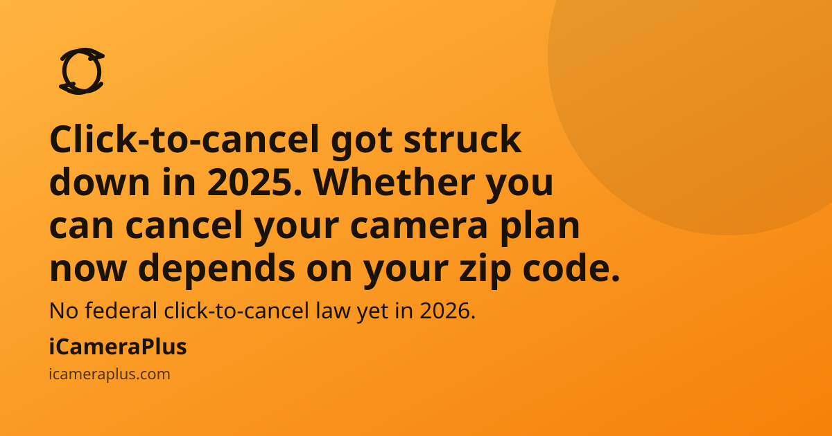 Orange gradient card with headline "Click-to-cancel got struck down in 2025. Whether you can cancel your camera plan now depends on your zip code," a refresh-cycle icon, and the iCameraPlus brand strip
