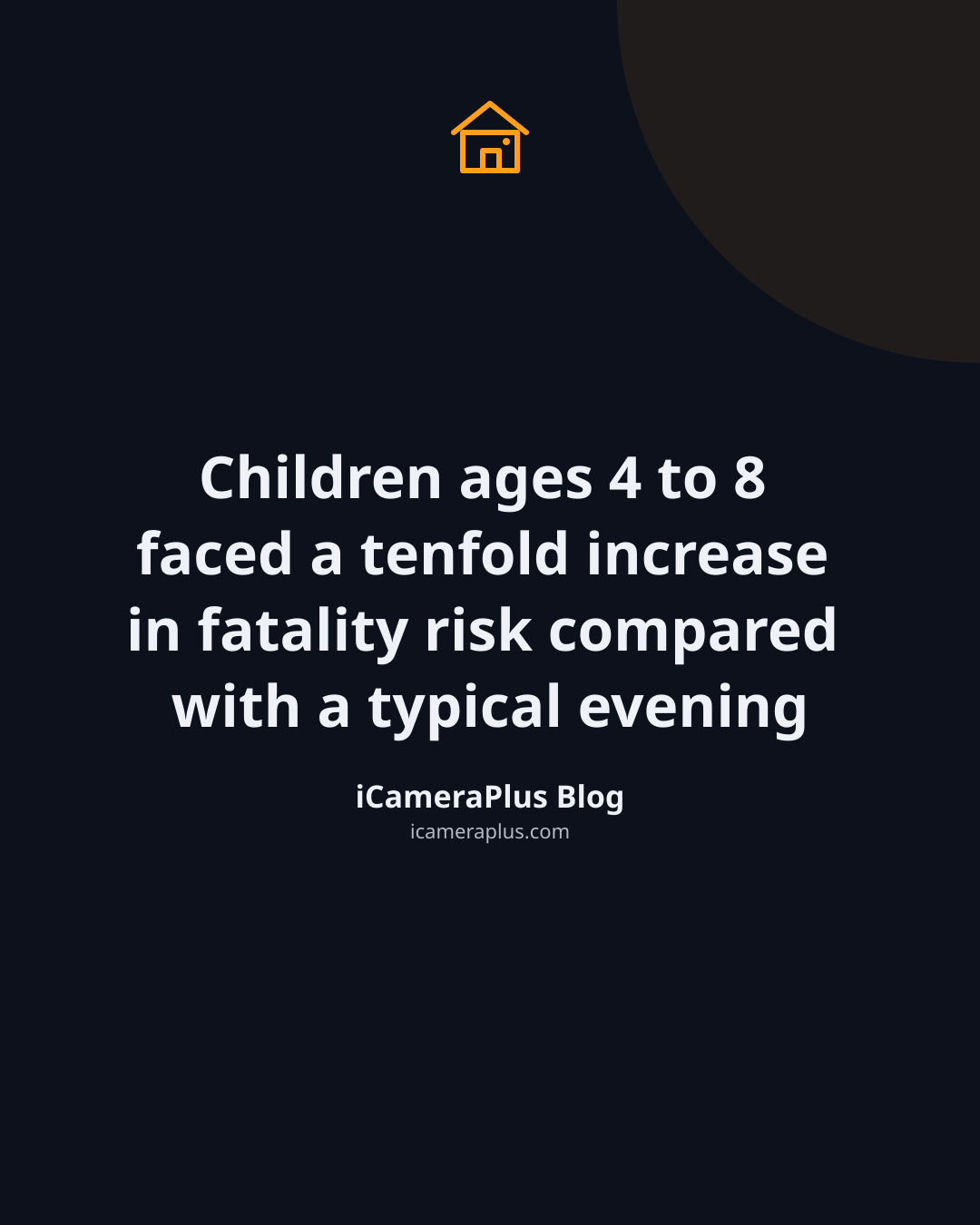 Dark quote card on navy background reading "Children ages 4 to 8 faced a tenfold increase in fatality risk compared with a typical evening," attributed to iCameraPlus Blog, with a drawn porch-house icon above.