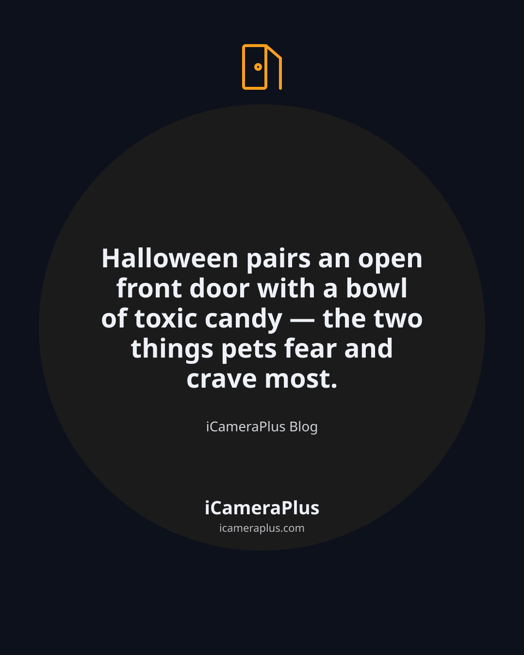 Dark navy quote card with an orange door icon, the centered quote "Halloween pairs an open front door with a bowl of toxic candy — the two things pets fear and crave most." and the iCameraPlus Blog attribution.
