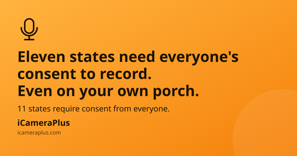 Headline card reading "Eleven states need everyone's consent to record. Even on your own porch." with a drawn microphone icon, on an orange gradient background, with iCameraPlus branding at the bottom.