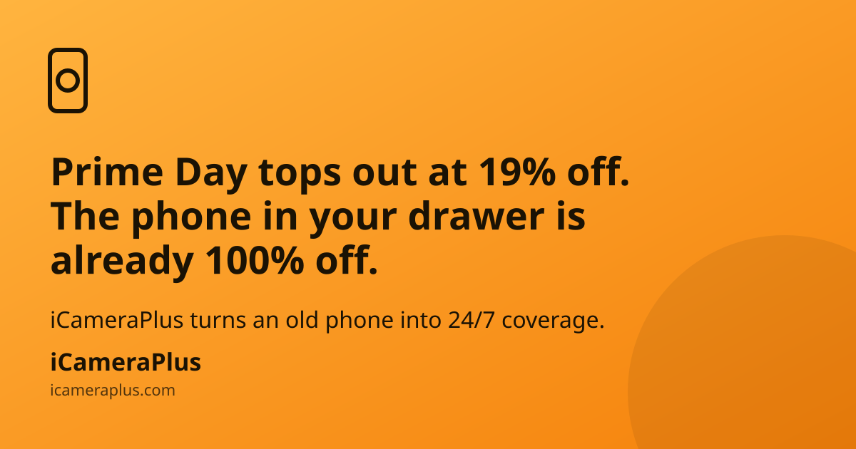 Headline reading "Prime Day tops out at 19% off. The phone in your drawer is already 100% off." on an orange gradient, with a small monoline phone-camera icon top left and the iCameraPlus brand mark at the bottom.