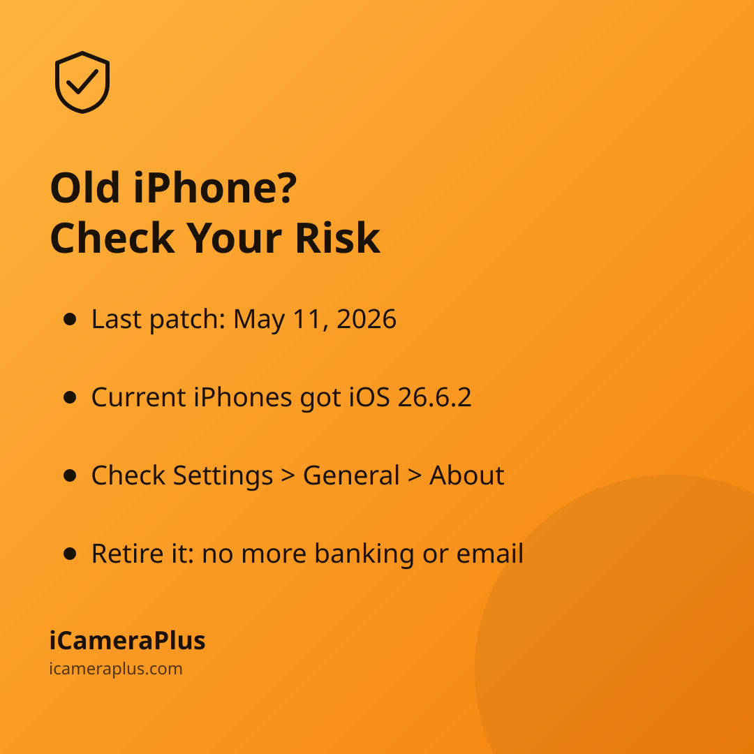 Card titled "Old iPhone? Check Your Risk" listing four takeaways: last patch May 11 2026, current iPhones got iOS 26.6.2, how to check Settings, and to retire old phones from banking and email