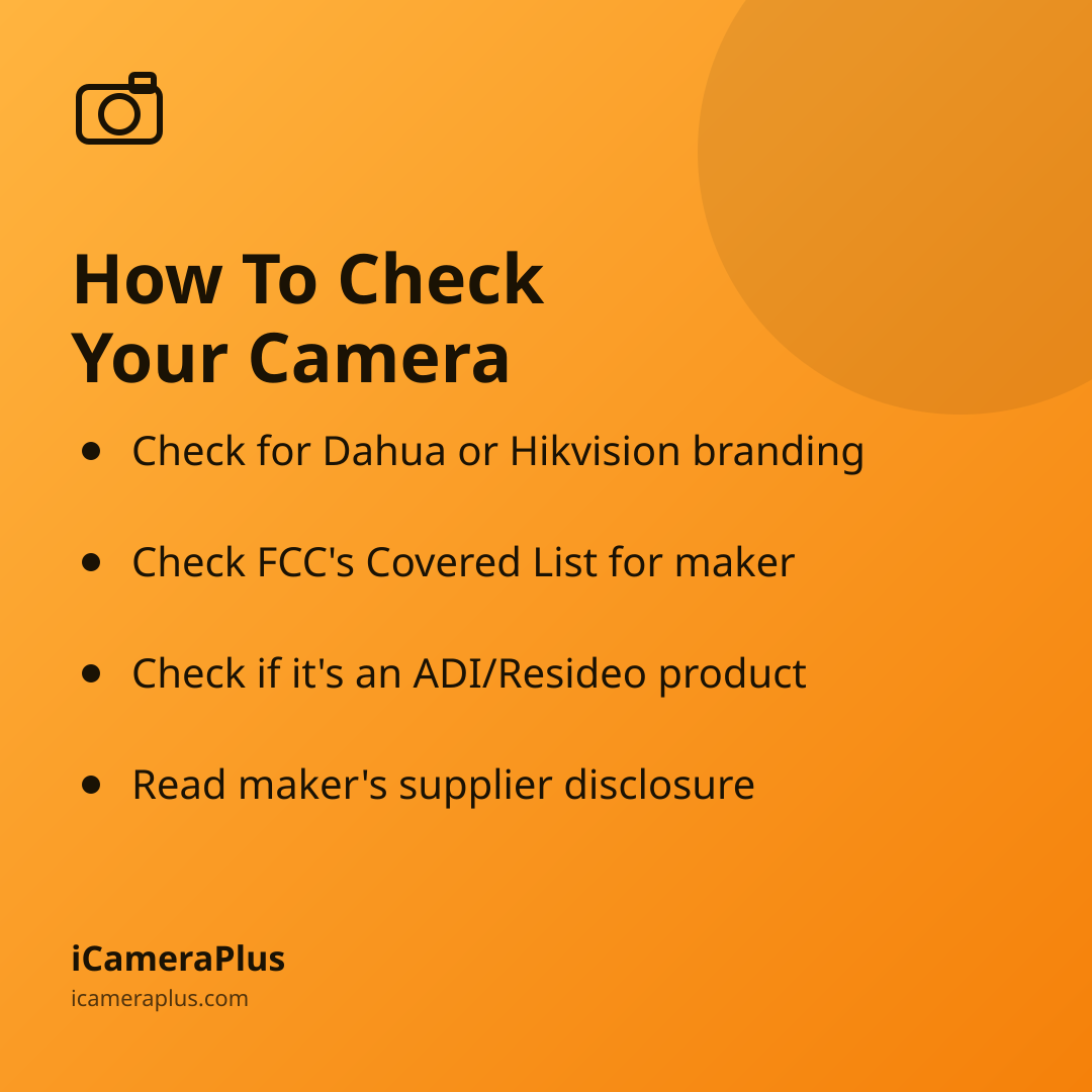 Orange gradient card titled "How To Check Your Camera" with four bulleted steps for checking a camera for Dahua, Hikvision, or ADI/Resideo origins