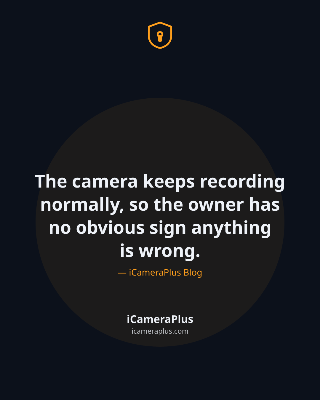Dark navy quote card reading that the camera keeps recording normally so the owner has no obvious sign anything is wrong, with shield icon and iCameraPlus branding