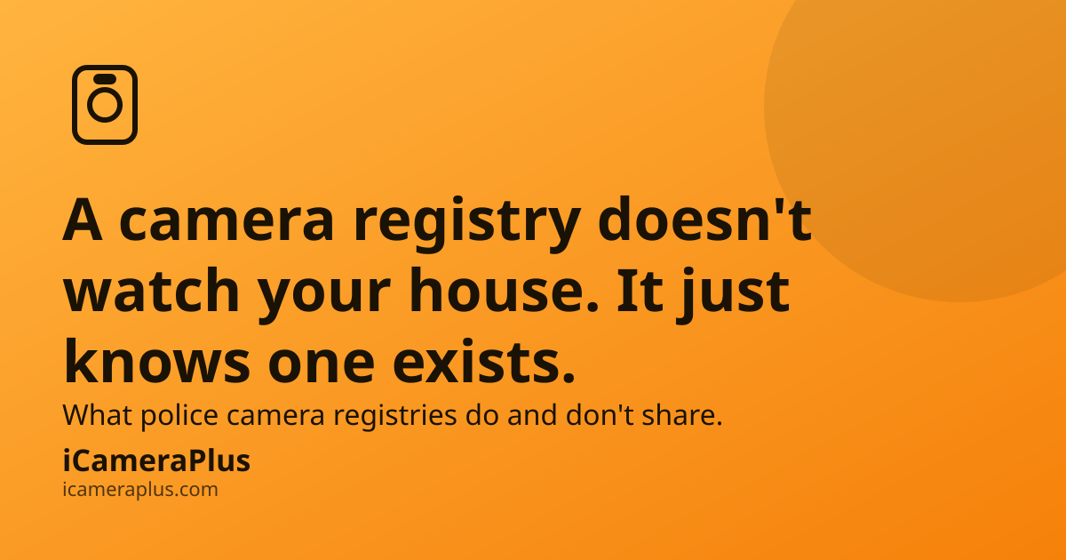 Orange gradient card with headline "A camera registry doesn't watch your house. It just knows one exists." a monoline phone-camera icon, and the iCameraPlus brand mark