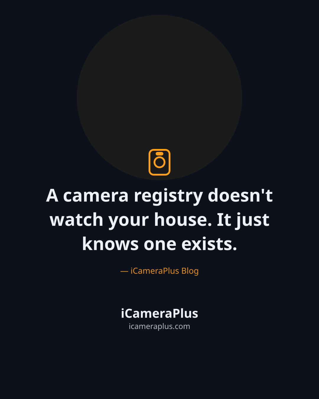Dark navy quote card centered on "A camera registry doesn't watch your house. It just knows one exists." attributed to iCameraPlus Blog