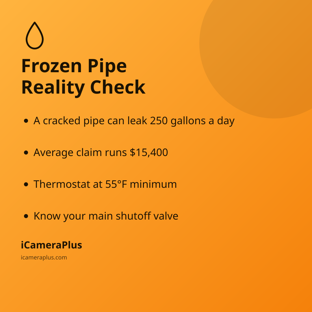 Four concrete numbers from the frozen-pipe risk data: 250 gallons a day leaked, a $15,400 average claim, a 55°F thermostat minimum, and knowing your shutoff valve