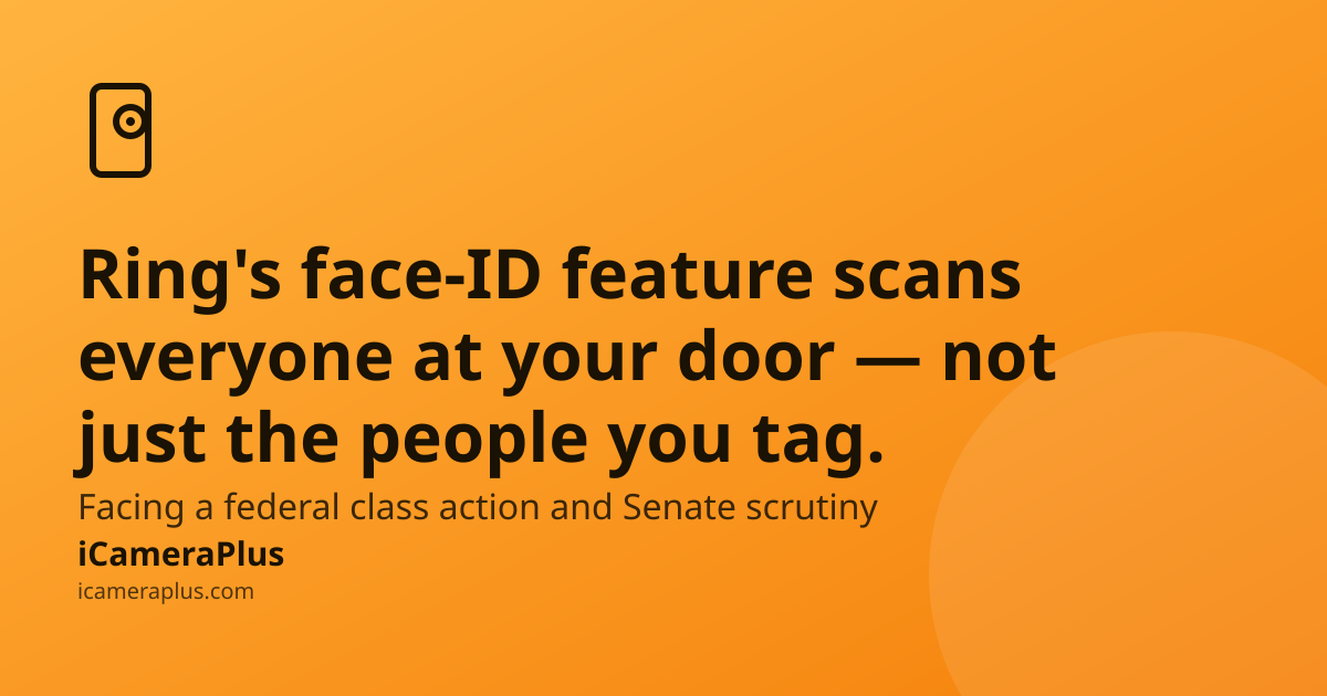Orange gradient card with a hand-drawn door-and-camera-lens icon, the headline "Ring's face-ID feature scans everyone at your door — not just the people you tag," a subline about the lawsuit and Senate scrutiny, and the iCameraPlus brand footer