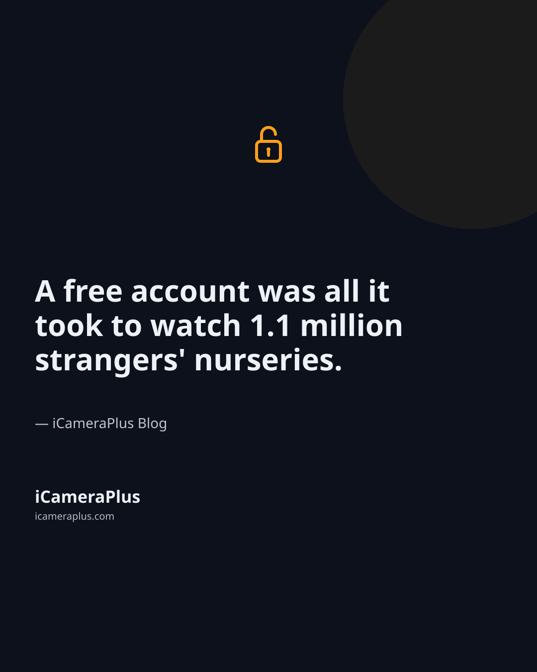 Dark navy quote card reading "A free account was all it took to watch 1.1 million strangers' nurseries." attributed to the iCameraPlus Blog, with an orange padlock icon
