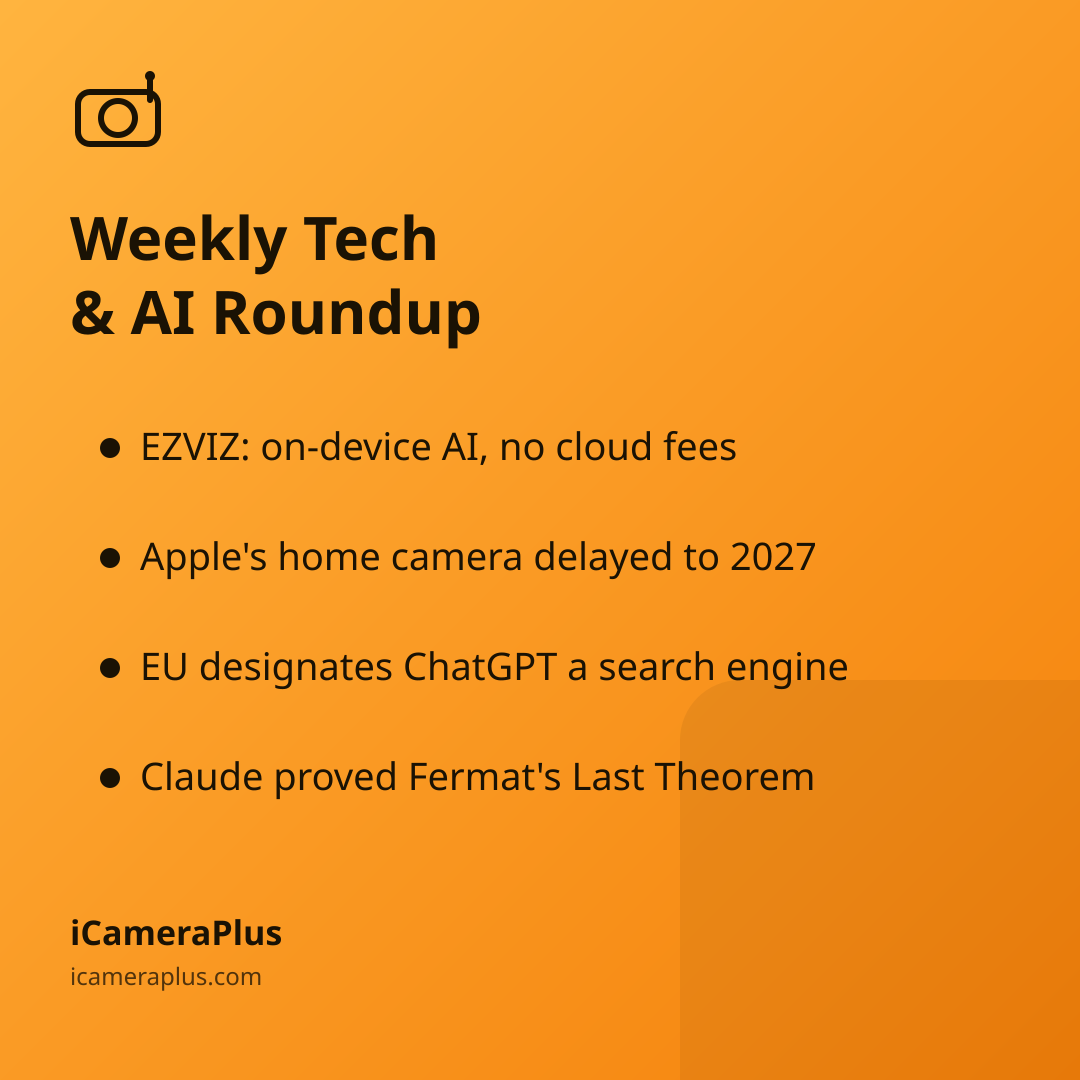 Takeaway card listing four facts from the weekly tech roundup: EZVIZ's on-device AI doorbell, Apple's camera delay, the EU's ChatGPT ruling, and Claude's Fermat proof