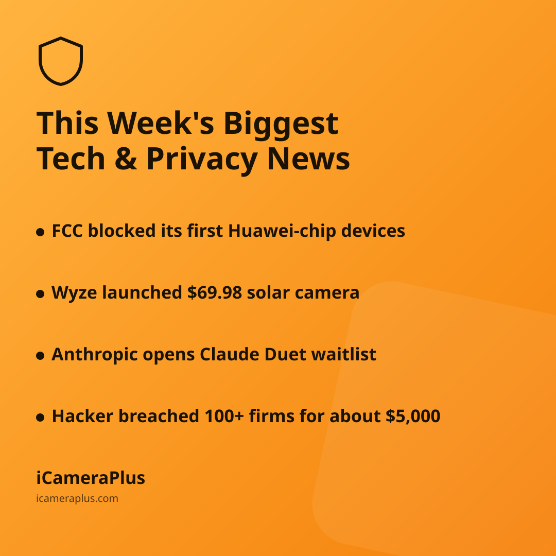 Orange gradient card titled "This Week's Biggest Tech & Privacy News" with four bulleted takeaways about the FCC's Huawei-chip device ban, Wyze's new solar camera, Anthropic's Claude Duet waitlist, and a hacker breaching 100+ firms, with the iCameraPlus logo at the bottom.