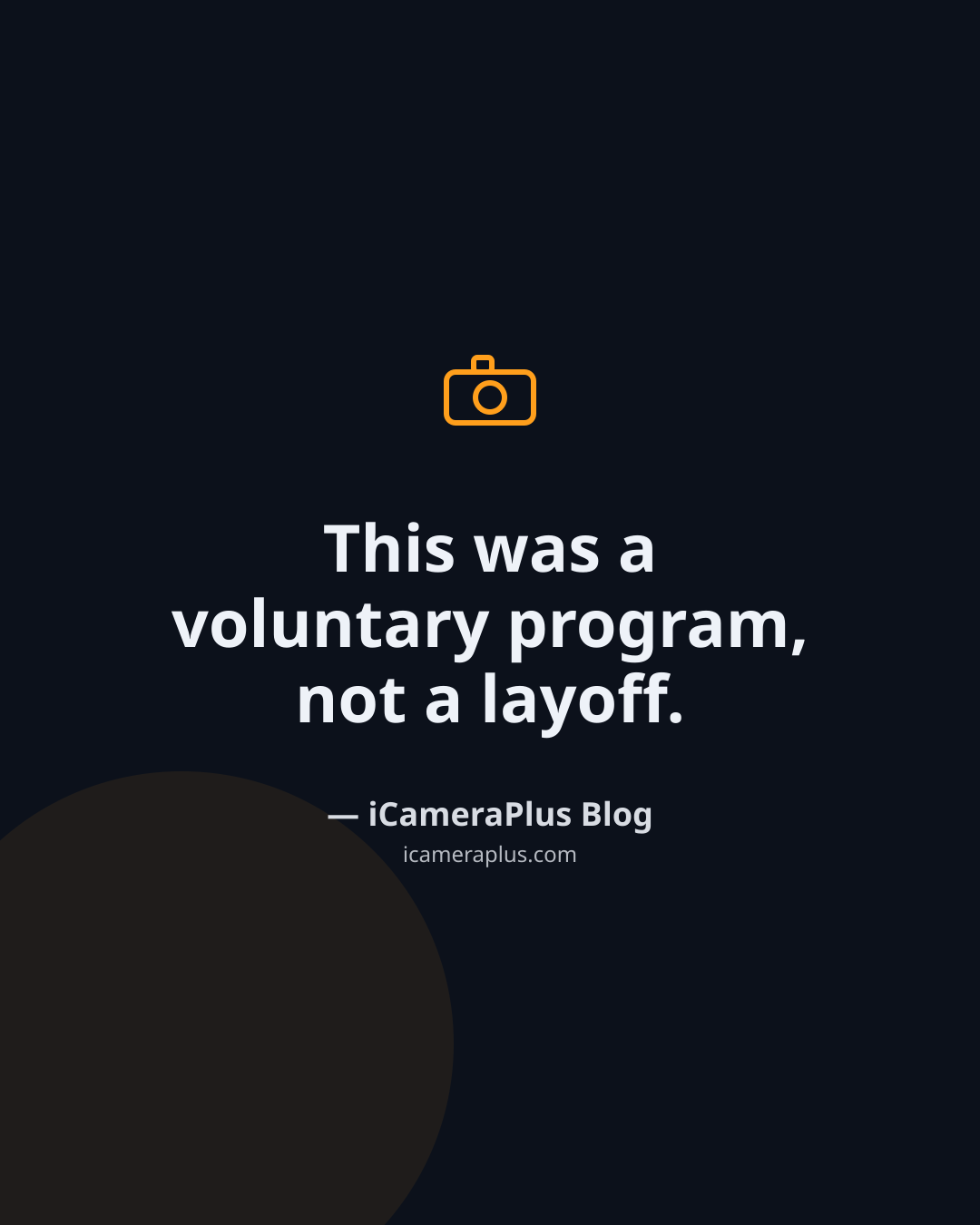 Dark quote card featuring Flock Safety's statement "This was a voluntary program, not a layoff," attributed to iCameraPlus Blog