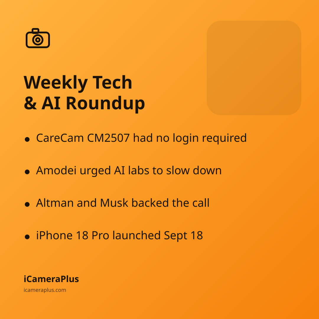 Orange gradient card headed "Weekly Tech & AI Roundup" with four bulleted takeaways about the camera flaw, AI slowdown calls, and the iPhone 18 Pro