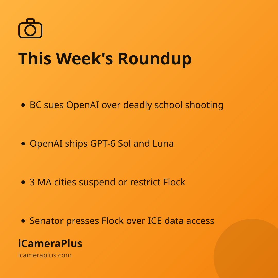 Orange gradient card titled "This Week's Roundup" listing four bulleted news takeaways about OpenAI, GPT-6, and Flock cameras