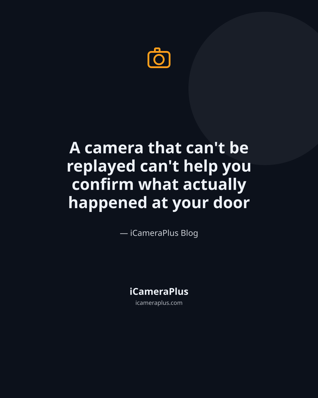 Tall navy quote card centered with the sentence "A camera that can't be replayed can't help you confirm what actually happened at your door" and attribution to iCameraPlus Blog