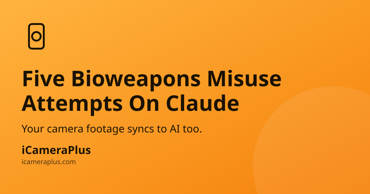 Orange gradient card with a phone-and-camera-lens icon, headline "Five Bioweapons Misuse Attempts On Claude," the line "Your camera footage syncs to AI too," and the iCameraPlus brand mark