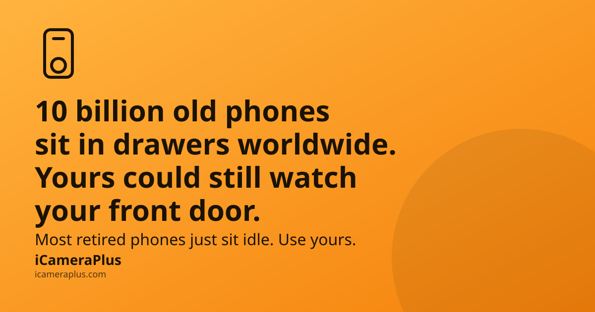 Headline card: "10 billion old phones sit in drawers worldwide. Yours could still watch your front door." on an orange gradient with a drawn phone-and-camera-lens icon and the iCameraPlus brand strip.