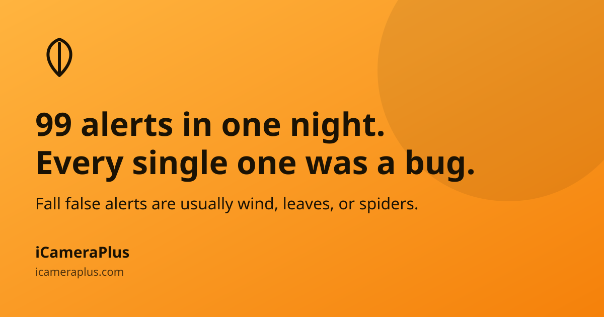 Orange gradient card with headline "99 alerts in one night. Every single one was a bug." a subline about fall false alerts, a hand-drawn leaf icon, and the iCameraPlus brand footer