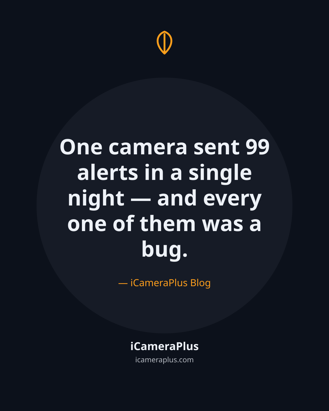 Dark navy quote card with an orange leaf icon and the sentence "One camera sent 99 alerts in a single night — and every one of them was a bug." attributed to iCameraPlus Blog