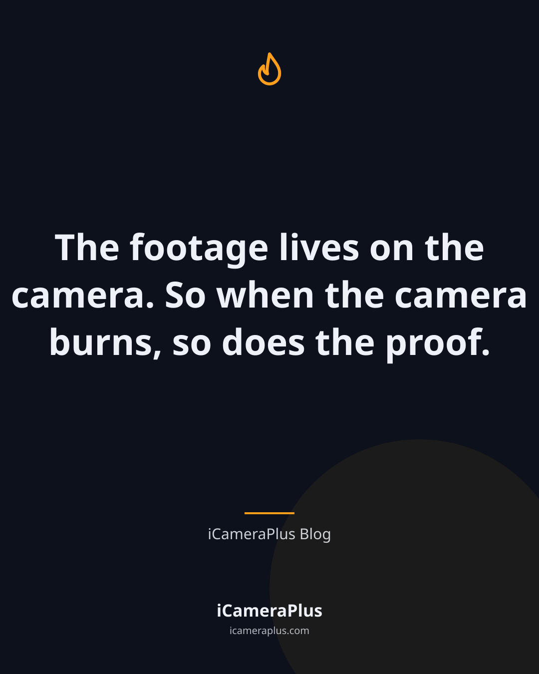 Dark navy card with a flame icon and the centered quote "The footage lives on the camera. So when the camera burns, so does the proof." attributed to the iCameraPlus Blog